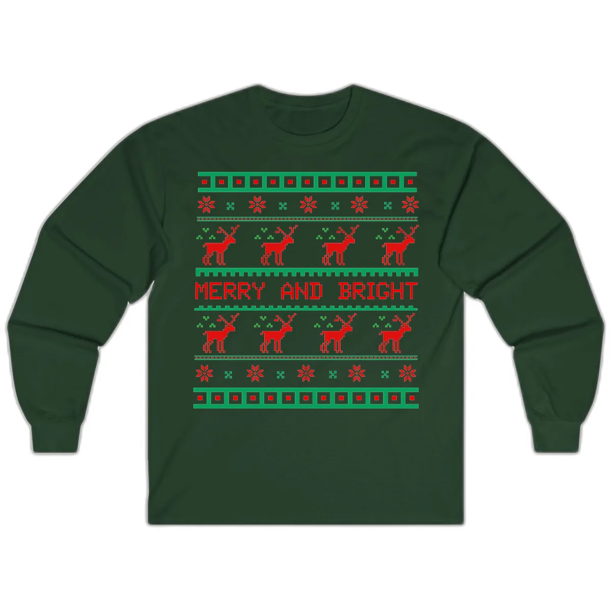 Reindeer Merry And Bright Ugly Christmas Sweater Pattern Long Sleeve in Forest Green