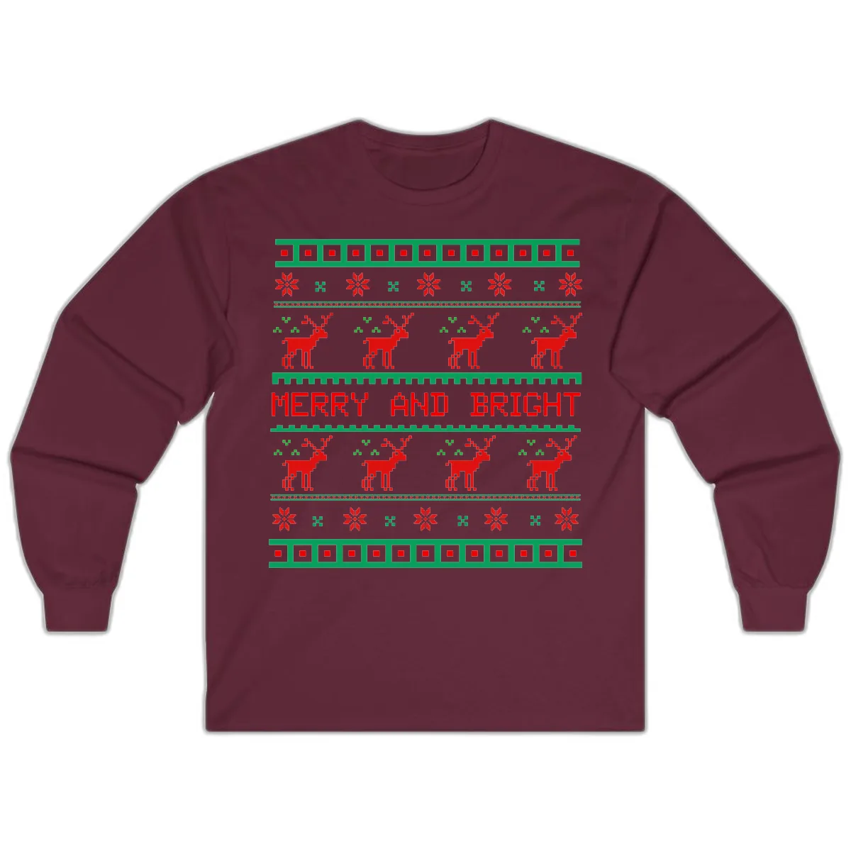Reindeer Merry And Bright Ugly Christmas Sweater Pattern Long Sleeve in Maroon