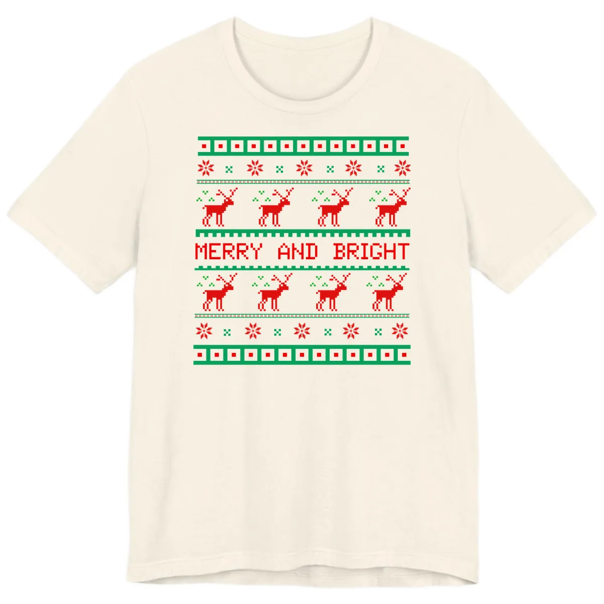 Reindeer Merry And Bright Ugly Christmas Sweater Pattern Premium T-Shirt in Natural