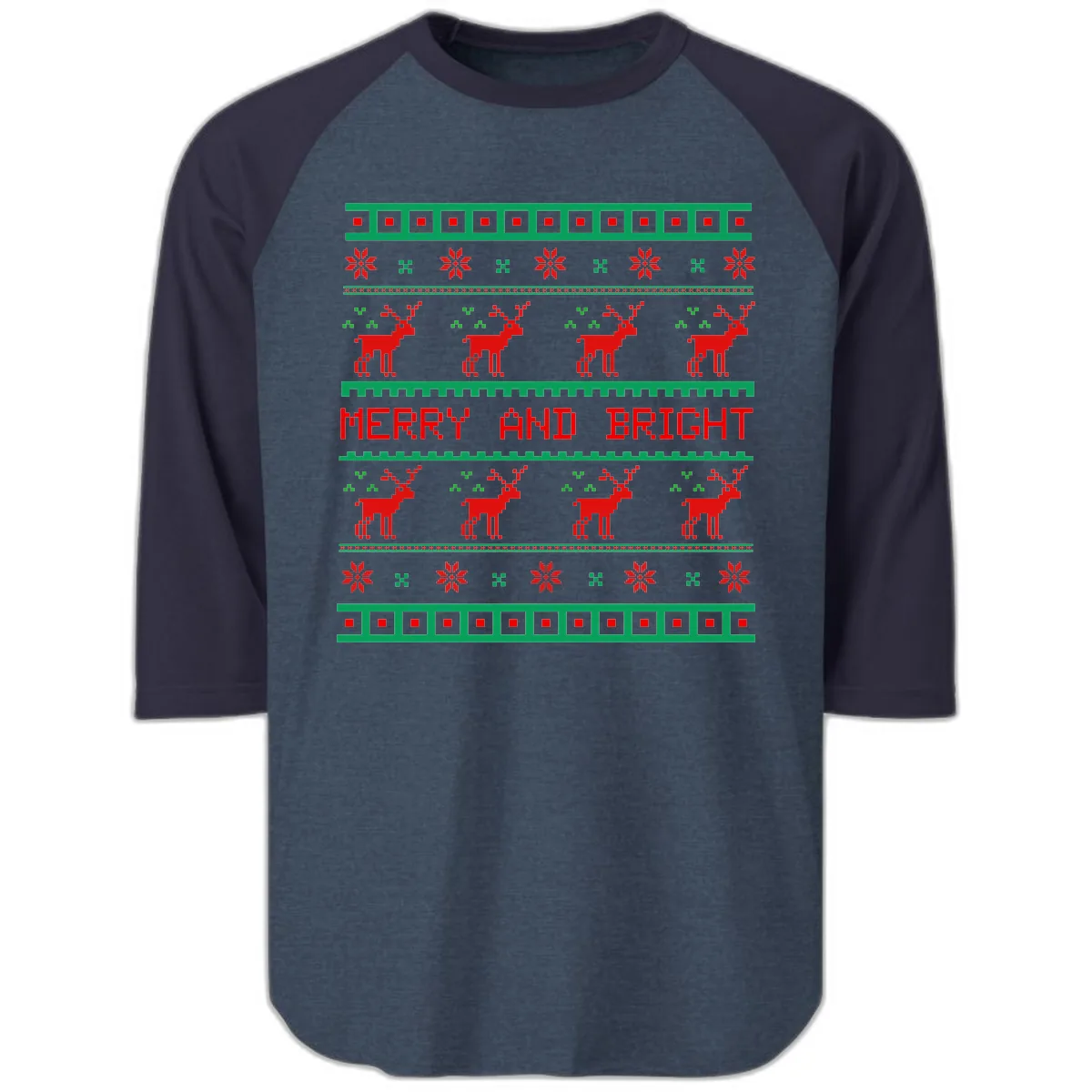 Reindeer Merry And Bright Ugly Christmas Sweater Pattern Raglan 3/4 in Heather Denim Navy