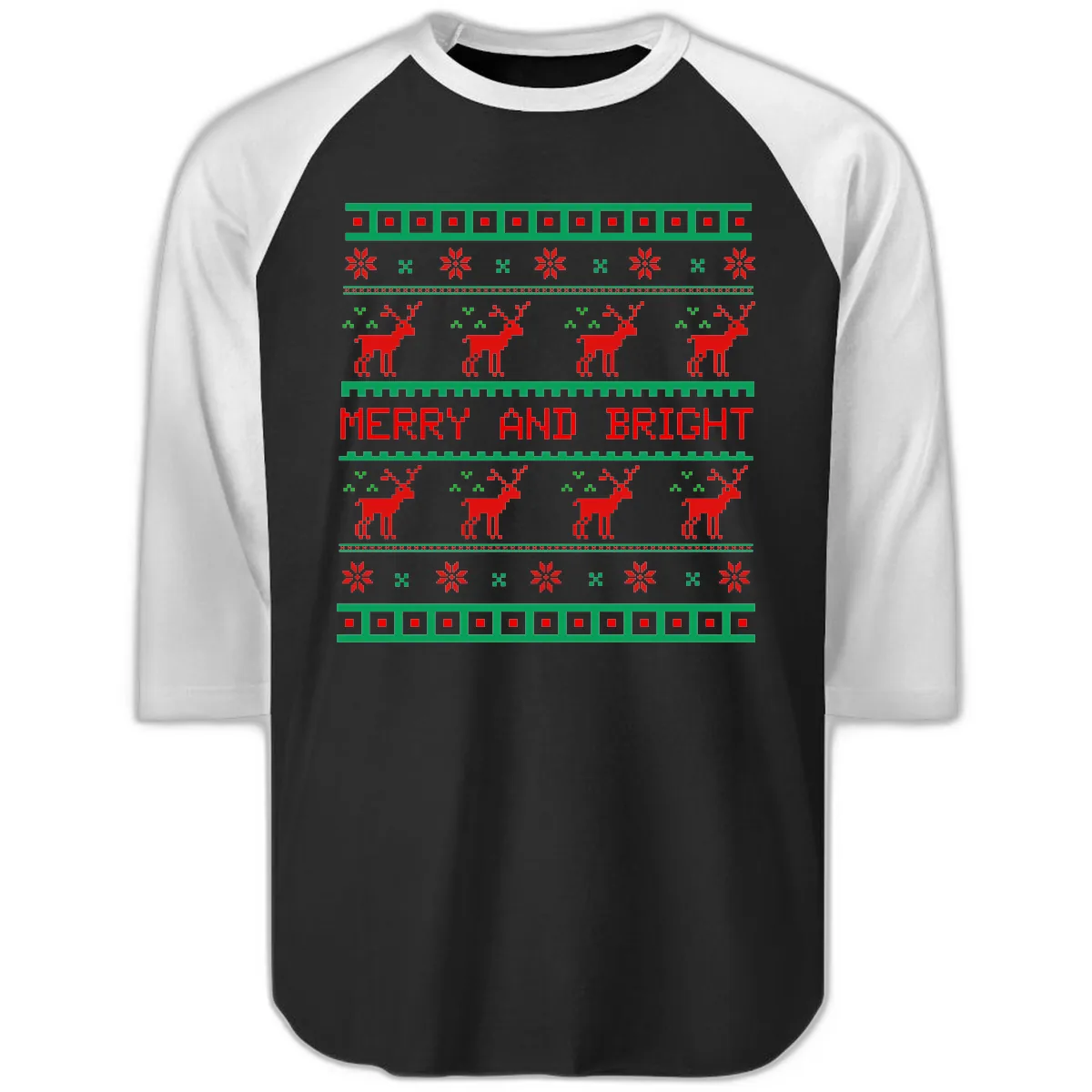 Reindeer Merry And Bright Ugly Christmas Sweater Pattern Raglan 3/4 in Black White