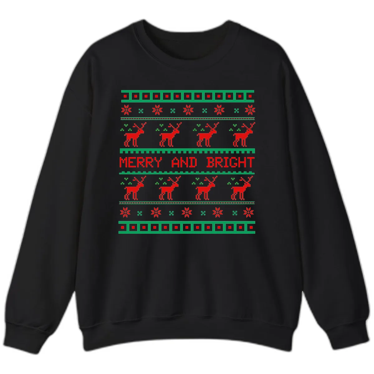 Reindeer Merry And Bright Ugly Christmas Sweater Pattern Sweatshirt in Black