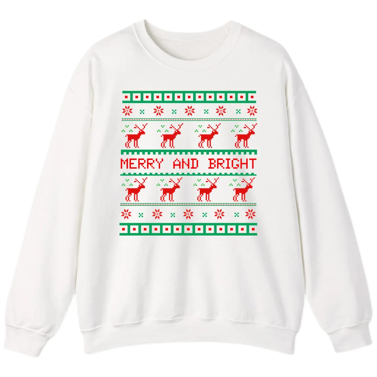 Reindeer Merry And Bright Ugly Christmas Sweater Pattern Sweatshirt in White