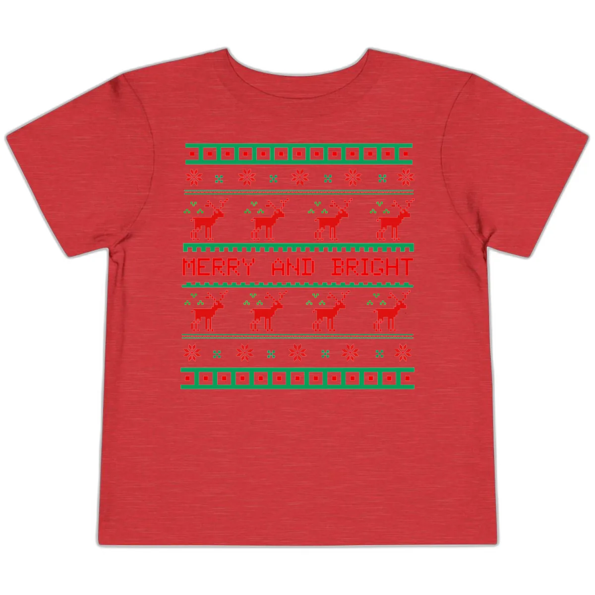 Reindeer Merry And Bright Ugly Christmas Sweater Pattern Toddler T-Shirt in Heather Red