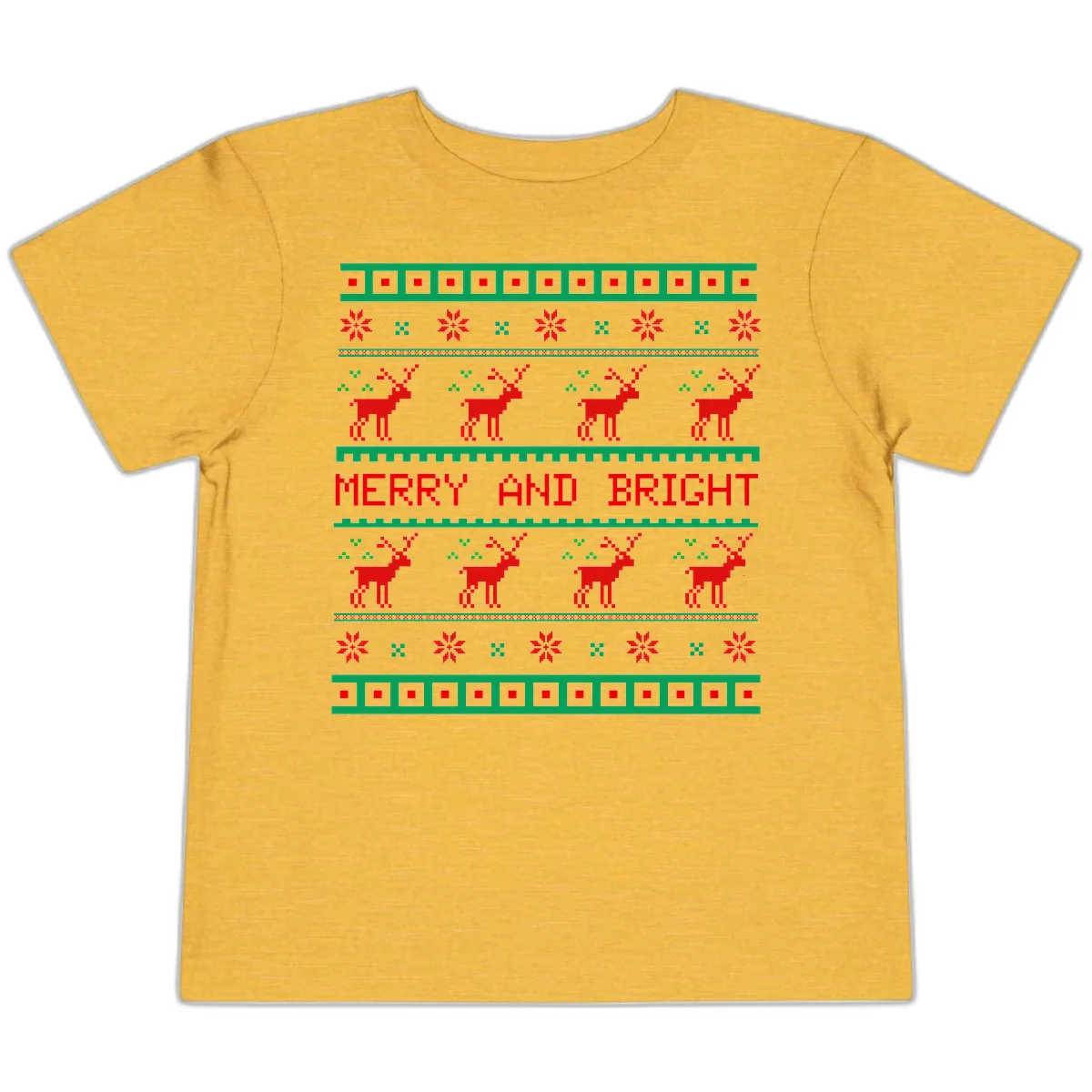 Reindeer Merry And Bright Ugly Christmas Sweater Pattern Toddler T-Shirt in Heather Yellow Gold