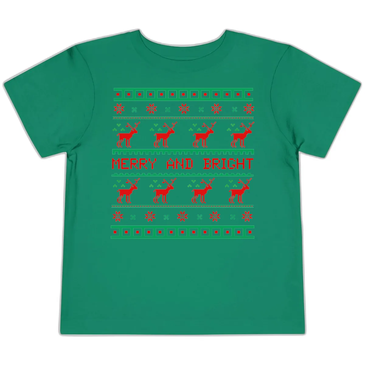 Reindeer Merry And Bright Ugly Christmas Sweater Pattern Toddler T-Shirt in Kelly