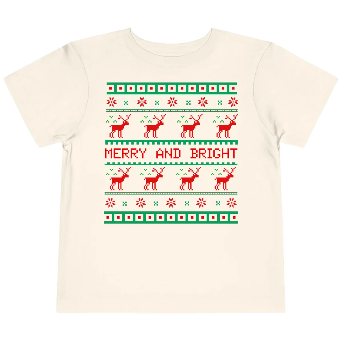 Reindeer Merry And Bright Ugly Christmas Sweater Pattern Toddler T-Shirt in Natural