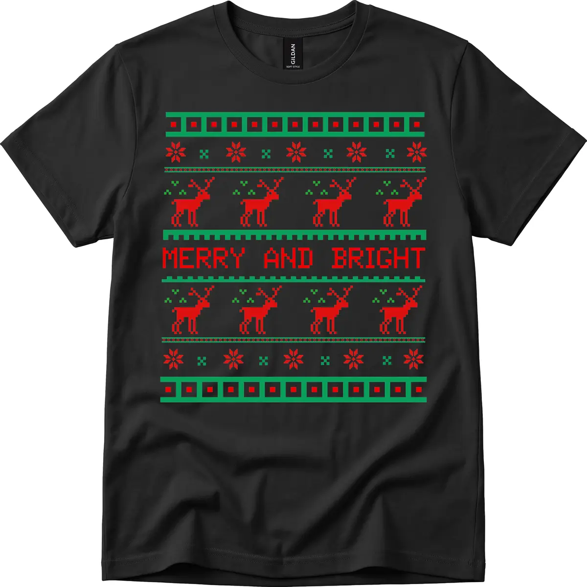 Reindeer Merry And Bright Ugly Christmas Sweater Pattern T-Shirt in Black