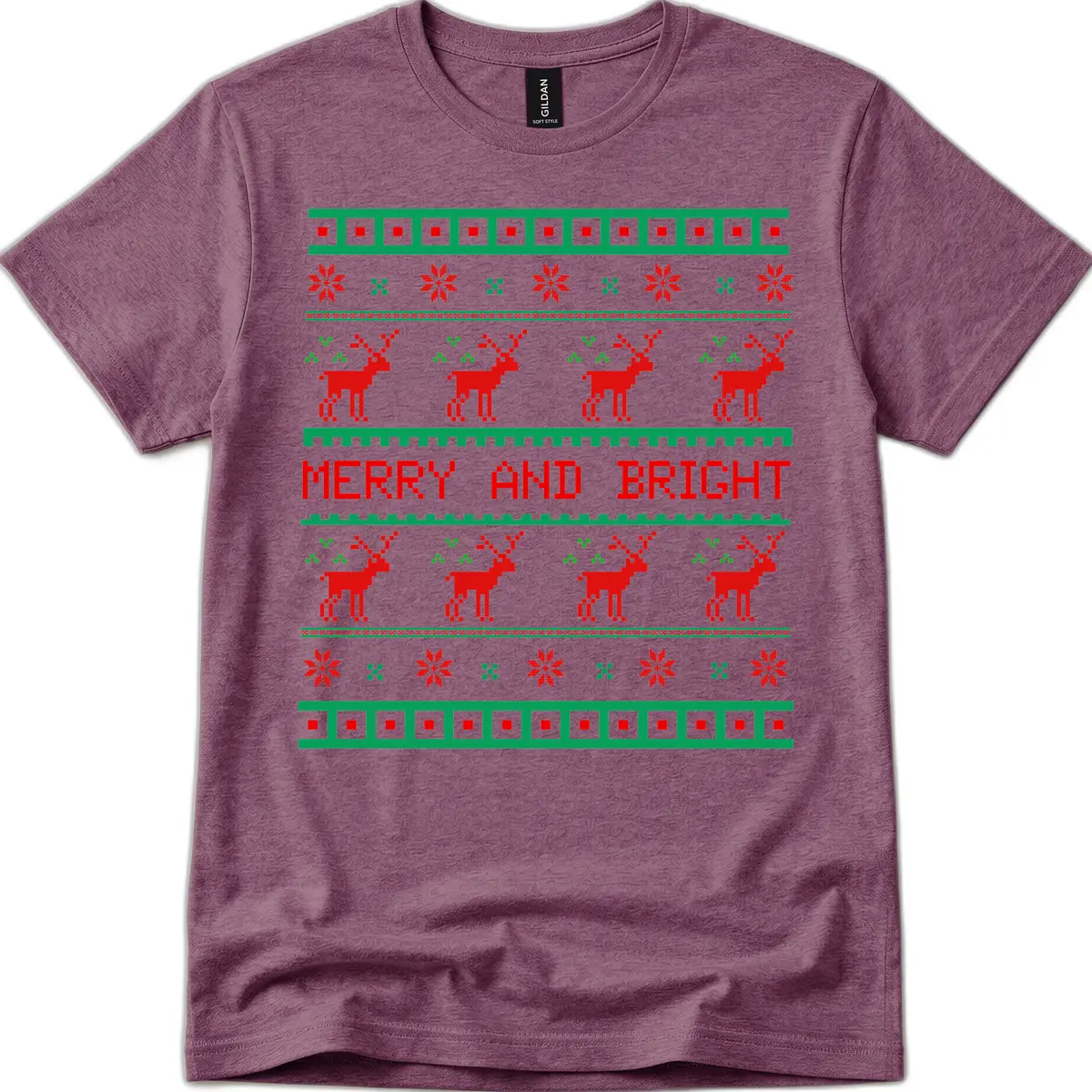Reindeer Merry And Bright Ugly Christmas Sweater Pattern T-Shirt in Heather Maroon