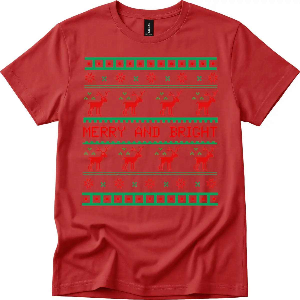 Reindeer Merry And Bright Ugly Christmas Sweater Pattern T-Shirt in Red