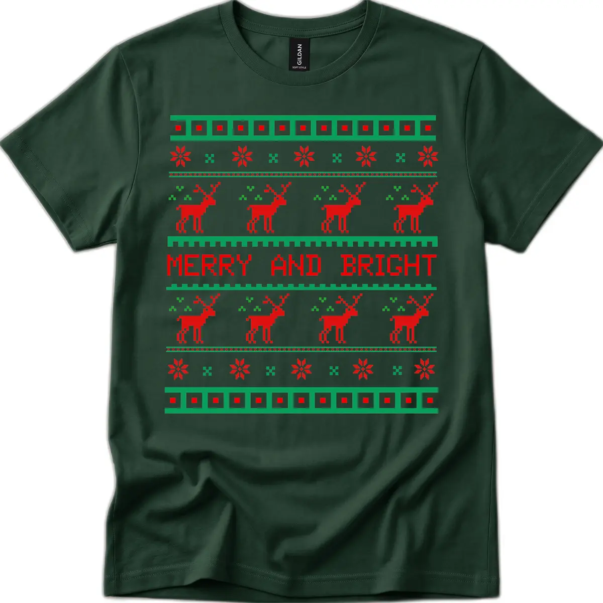 Reindeer Merry And Bright Ugly Christmas Sweater Pattern T-Shirt in Forest Green