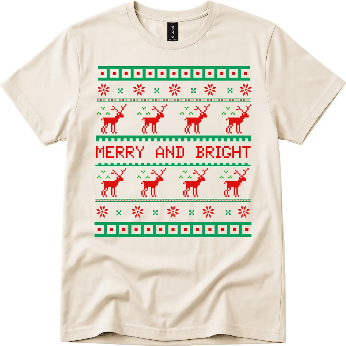 Reindeer Merry And Bright Ugly Christmas Sweater Pattern T-Shirt in Natural
