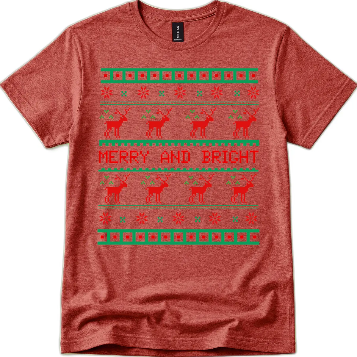 Reindeer Merry And Bright Ugly Christmas Sweater Pattern T-Shirt in Heather Cardinal