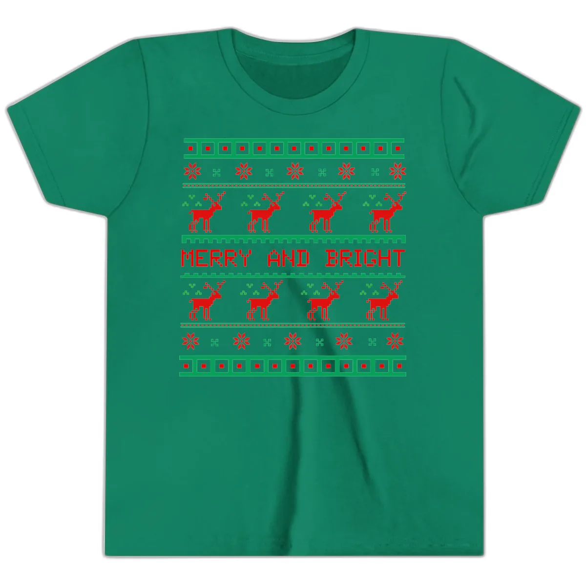Reindeer Merry And Bright Ugly Christmas Sweater Pattern Youth T-Shirt in Kelly