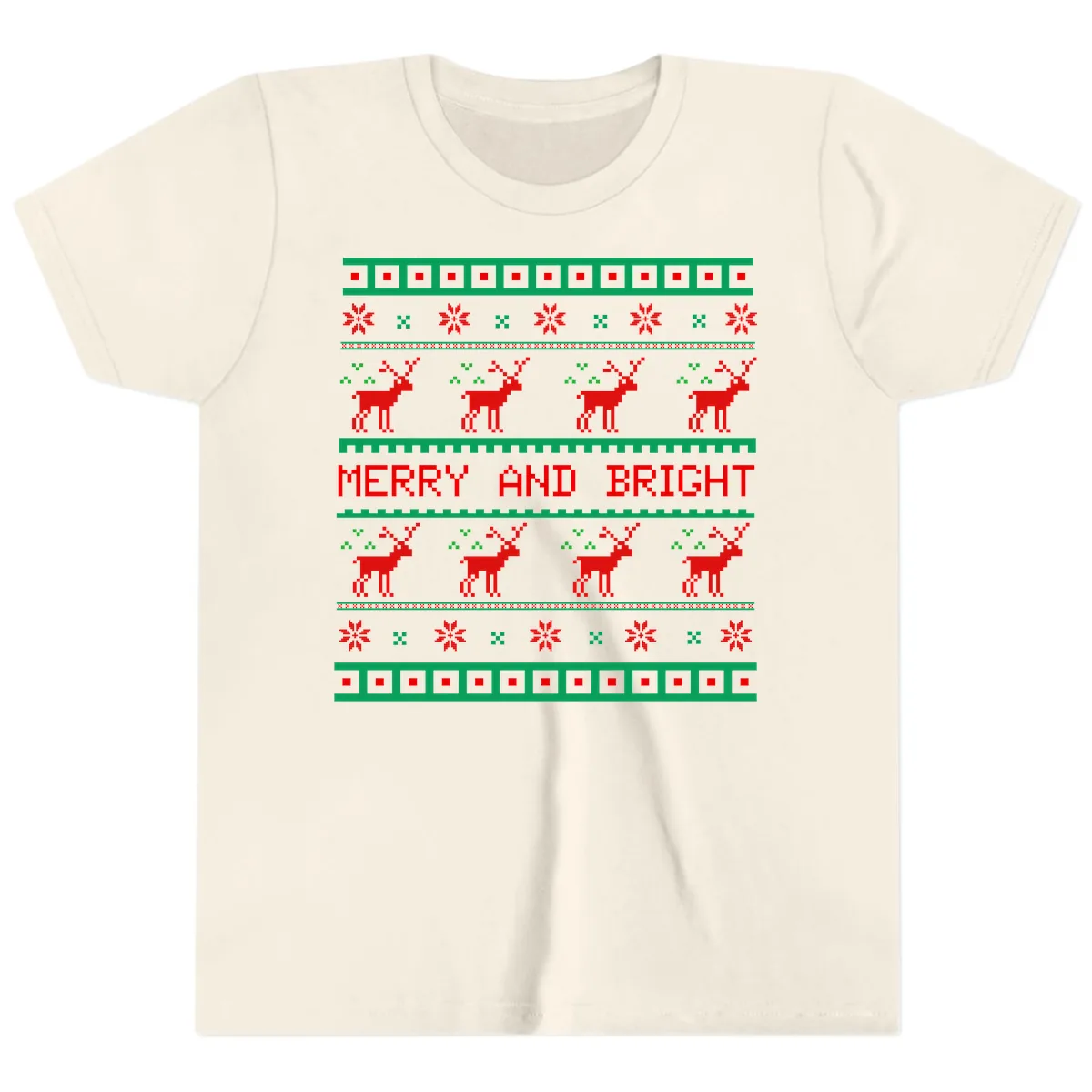 Reindeer Merry And Bright Ugly Christmas Sweater Pattern Youth T-Shirt in Natural