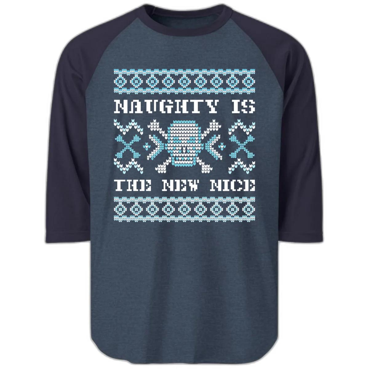 Naughty Is The New Nice Skull Raglan 3/4 in Heather Denim Navy