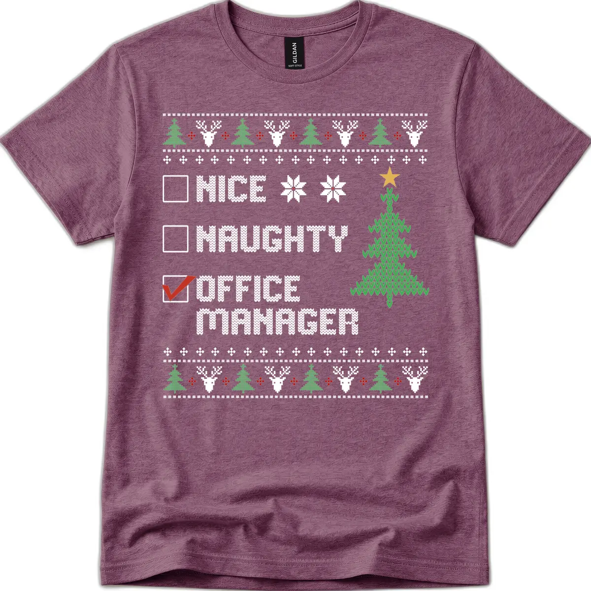Office Manager Christmas Checklist T-Shirt in Heather Maroon