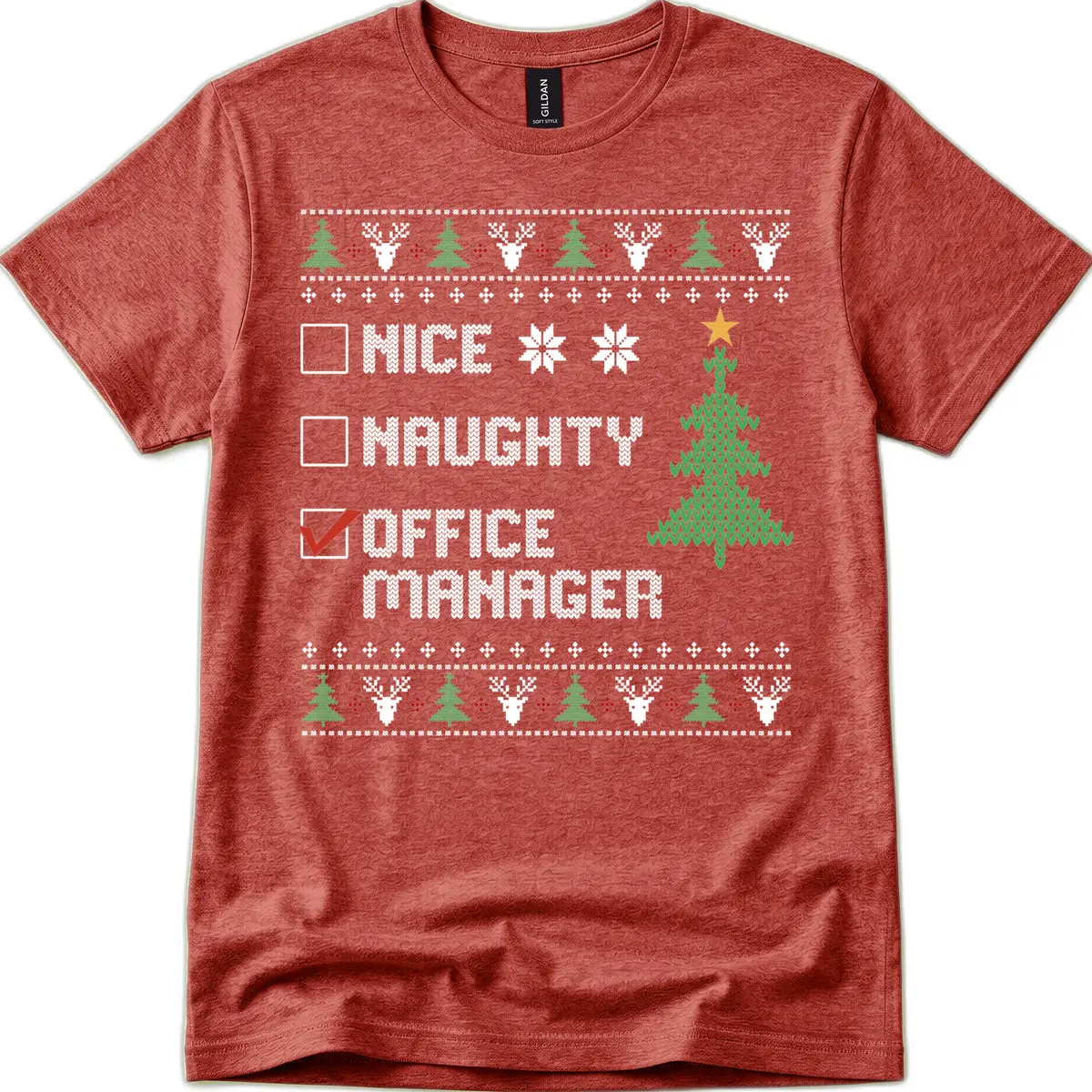 Office Manager Christmas Checklist T-Shirt in Heather Cardinal