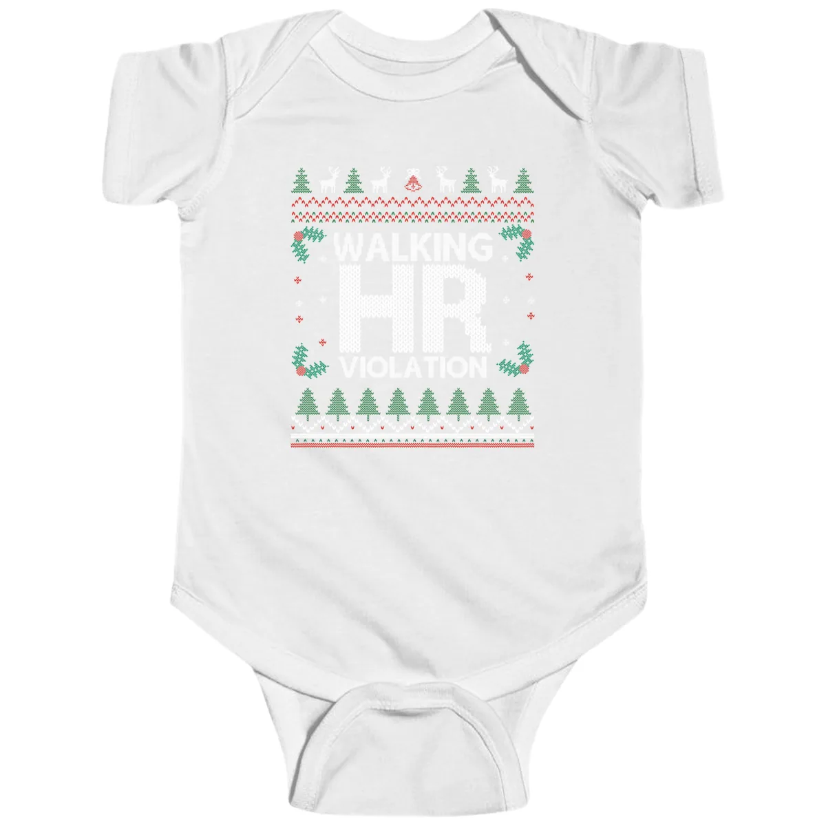 Walking HR Violation Ugly Christmas Sweater Baby Onesie in White