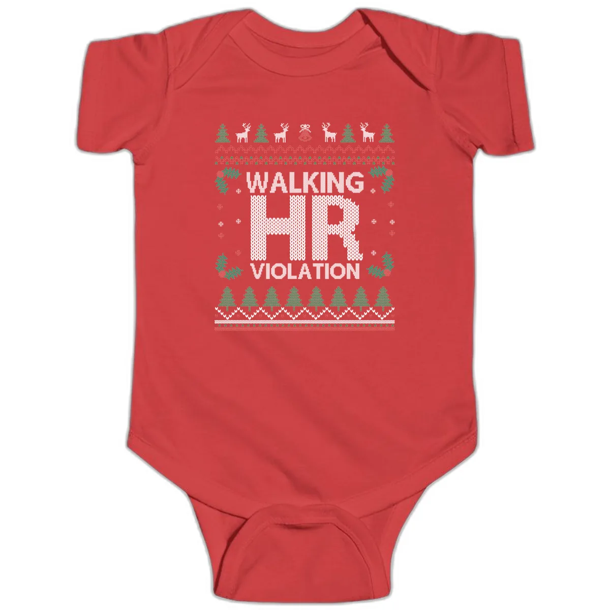 Walking HR Violation Ugly Christmas Sweater Baby Onesie in Red