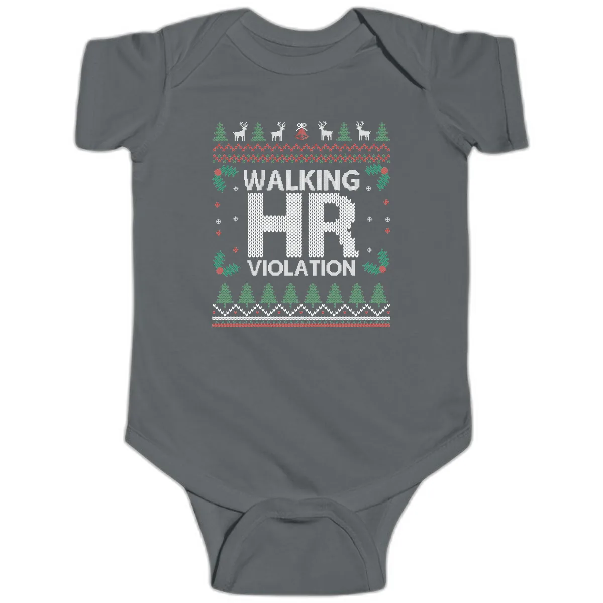 Walking HR Violation Ugly Christmas Sweater Baby Onesie in Charcoal