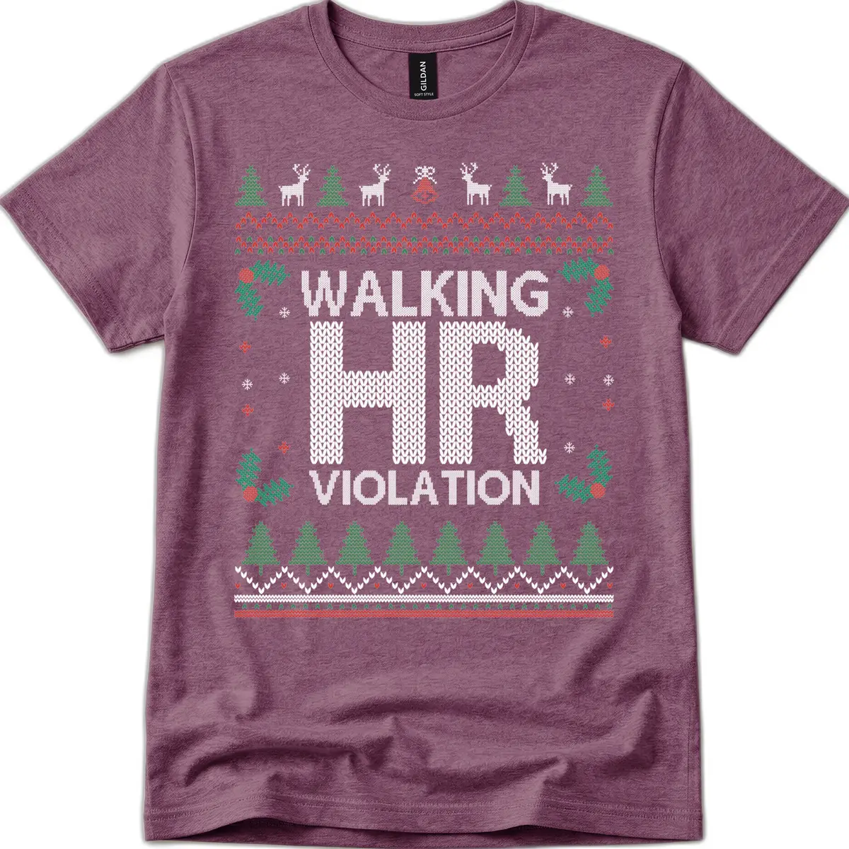 Walking HR Violation Ugly Christmas Sweater T-Shirt in Heather Maroon