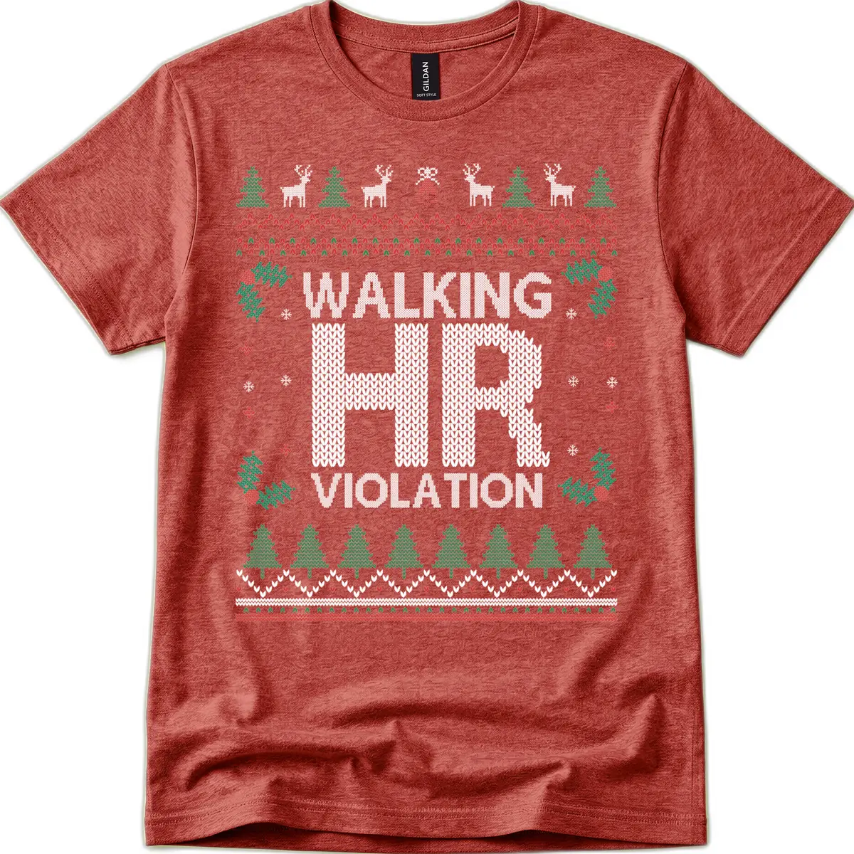 Walking HR Violation Ugly Christmas Sweater T-Shirt in Heather Cardinal
