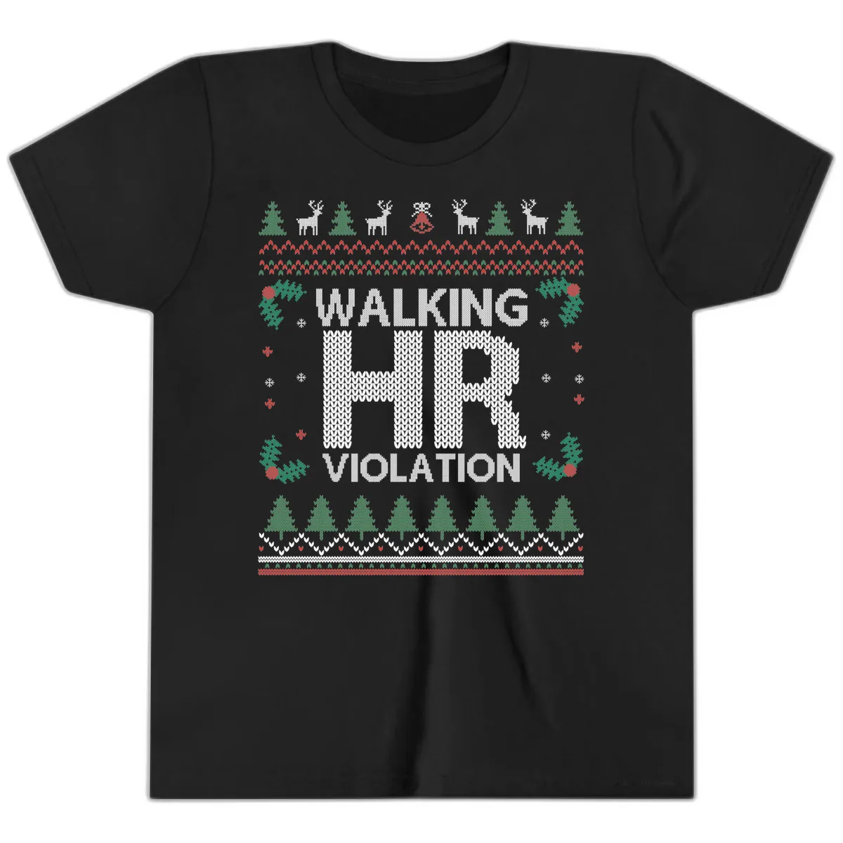 Walking HR Violation Ugly Christmas Sweater Youth T-Shirt in Black