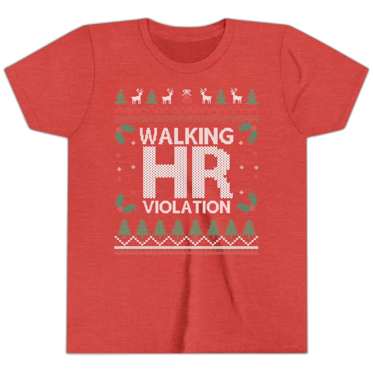 Walking HR Violation Ugly Christmas Sweater Youth T-Shirt in Heather Red