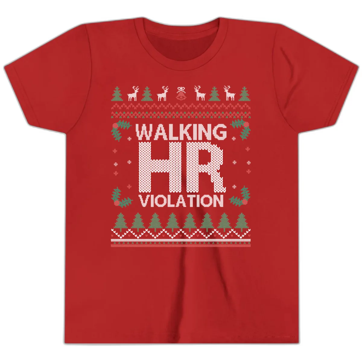 Walking HR Violation Ugly Christmas Sweater Youth T-Shirt in Red