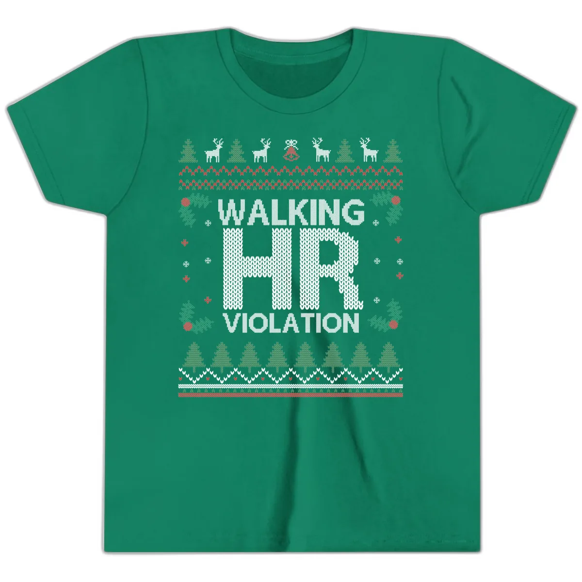 Walking HR Violation Ugly Christmas Sweater Youth T-Shirt in Kelly