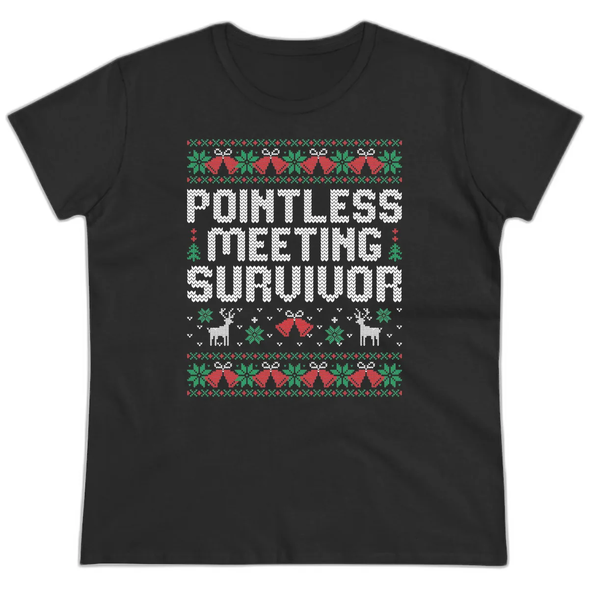Pointless Meeting Survivor Ugly Sweater Design Ladies Tee in Black