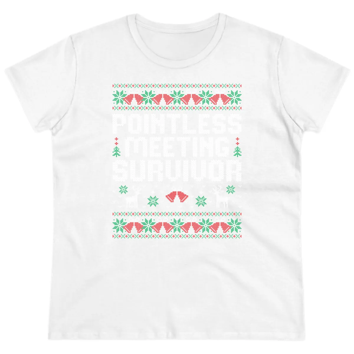 Pointless Meeting Survivor Ugly Sweater Design Ladies Tee in White