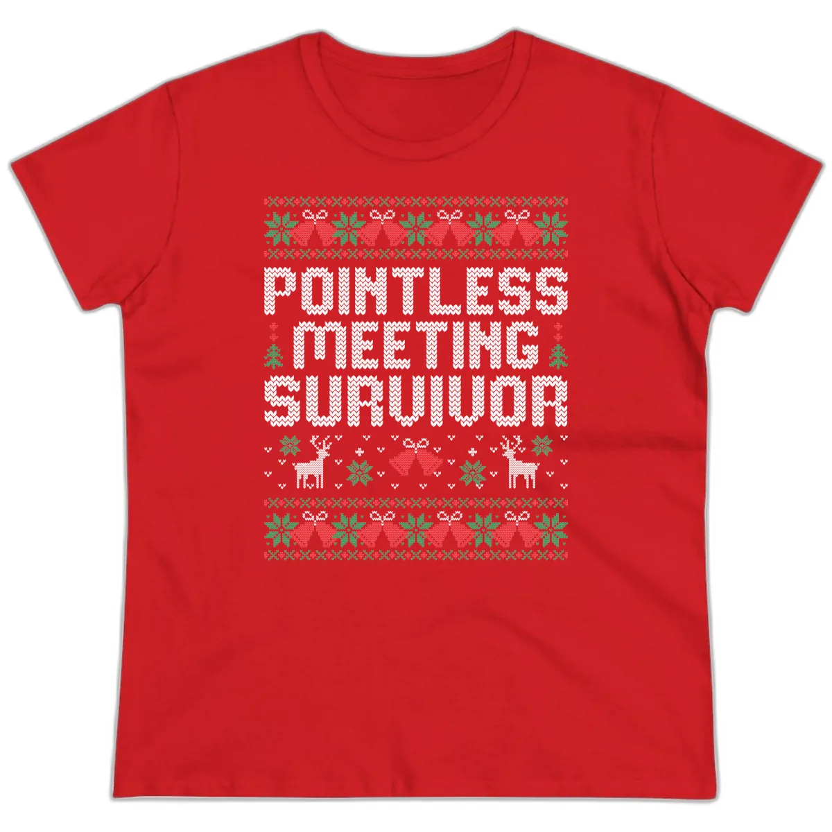 Pointless Meeting Survivor Ugly Sweater Design Ladies Tee in Red