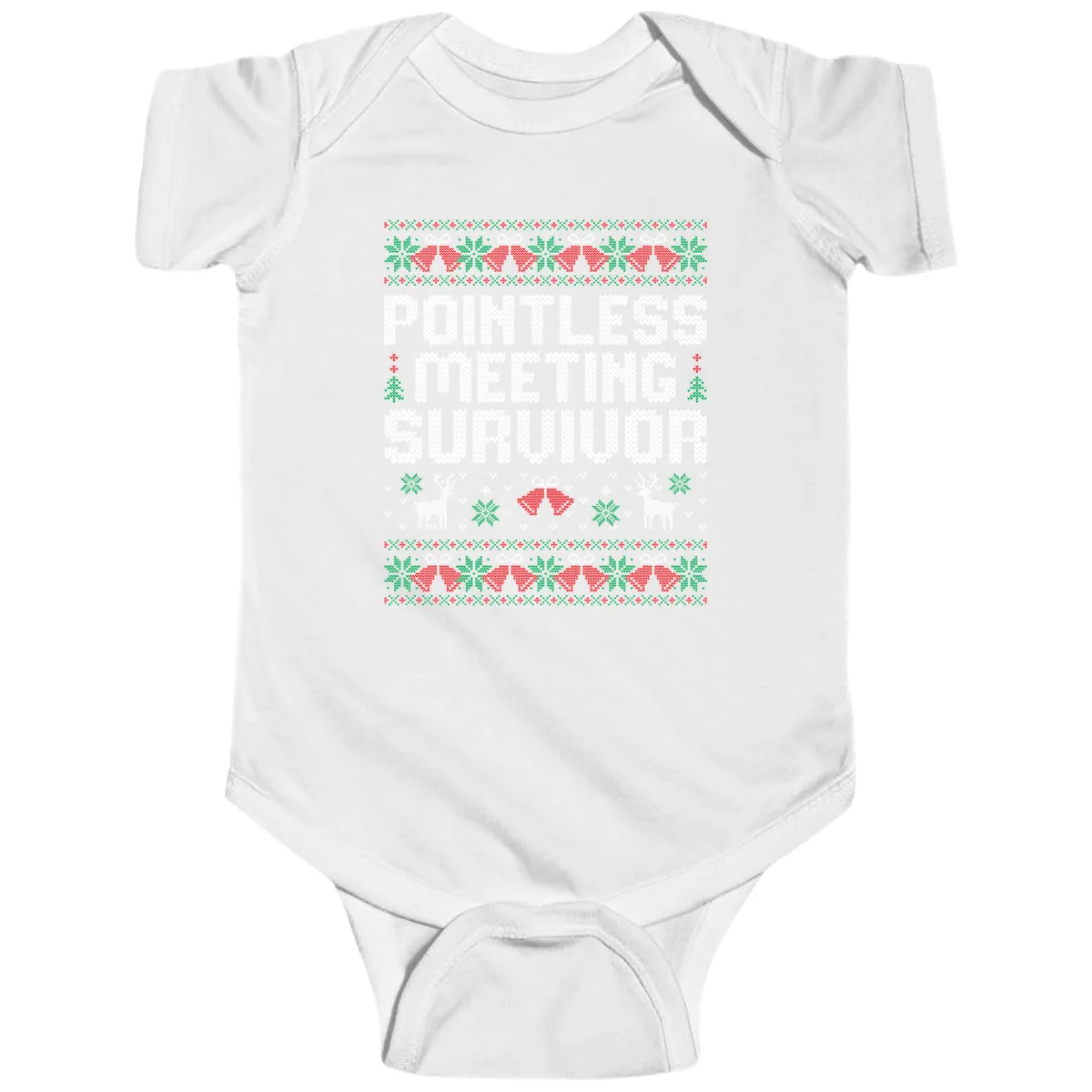 Pointless Meeting Survivor Ugly Sweater Design Baby Onesie in White