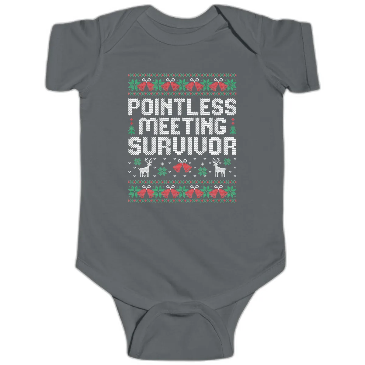 Pointless Meeting Survivor Ugly Sweater Design Baby Onesie in Charcoal