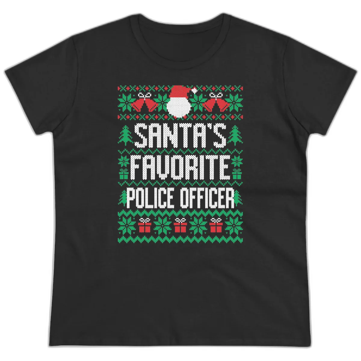 Santa's Favorite Police Officer Ugly Christmas Ladies Tee in Black