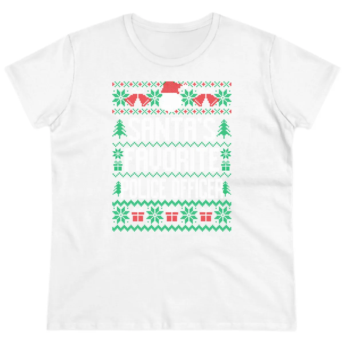Santa's Favorite Police Officer Ugly Christmas Ladies Tee in White