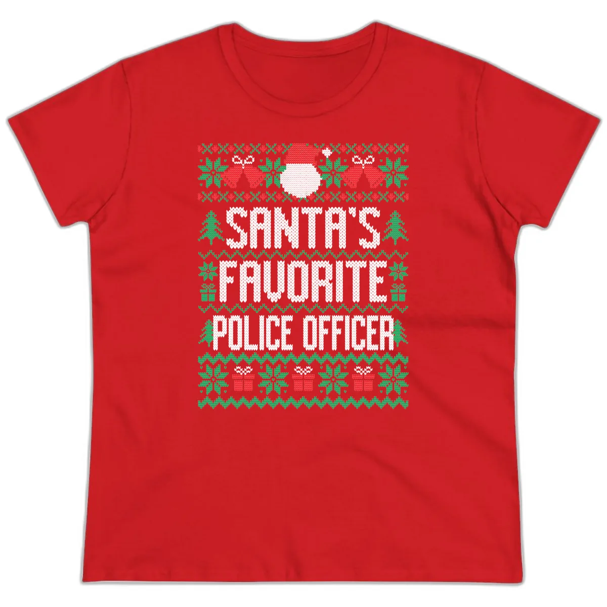 Santa's Favorite Police Officer Ugly Christmas Ladies Tee in Red