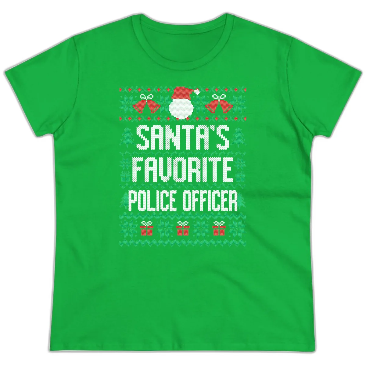 Santa's Favorite Police Officer Ugly Christmas Ladies Tee in Irish Green