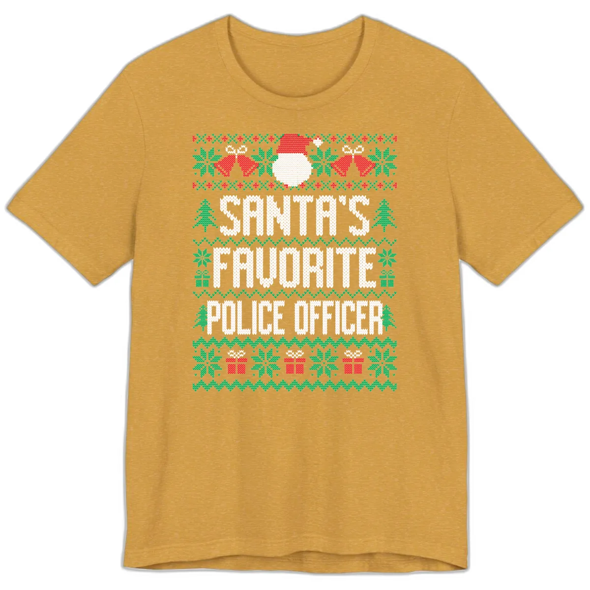 Santa's Favorite Police Officer Ugly Christmas Premium T-Shirt in Heather Mustard