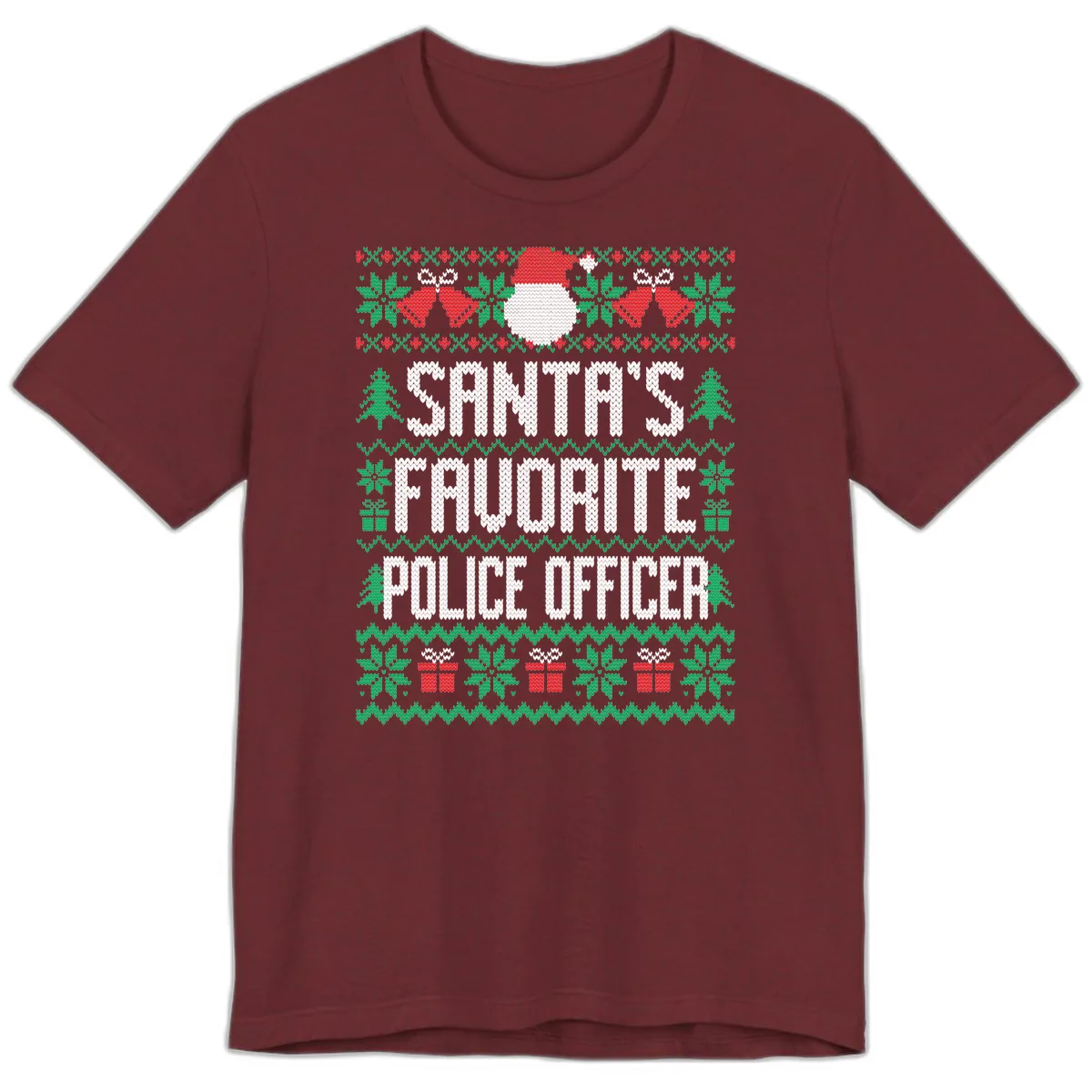 Santa's Favorite Police Officer Ugly Christmas Premium T-Shirt in Heather Cardinal