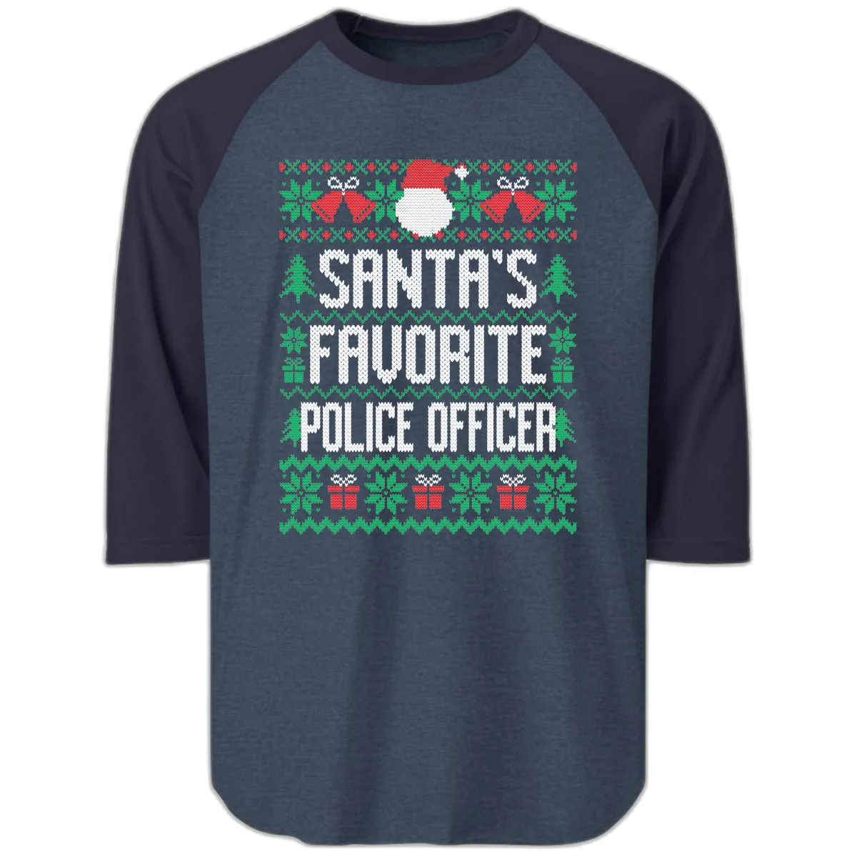 Santa's Favorite Police Officer Ugly Christmas Raglan 3/4 in Heather Denim Navy