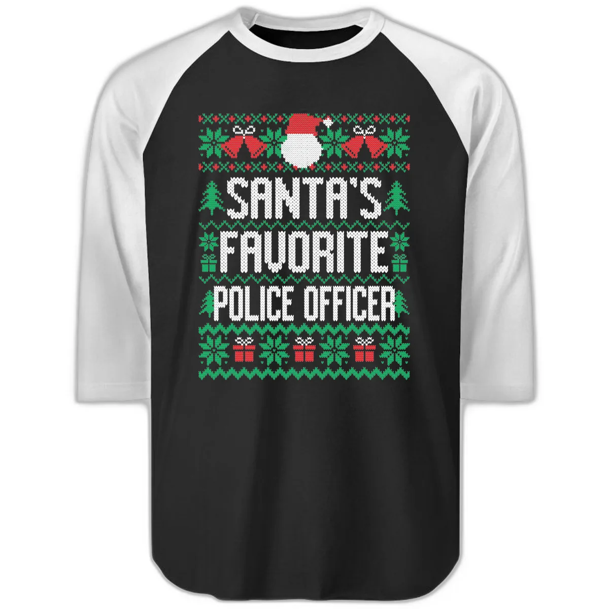Santa's Favorite Police Officer Ugly Christmas Raglan 3/4 in Black White