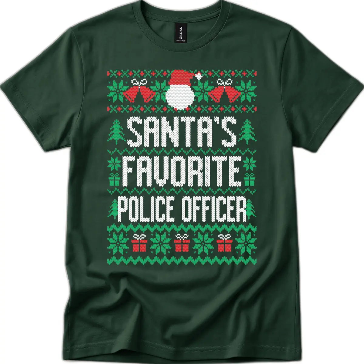 Santa's Favorite Police Officer Ugly Christmas T-Shirt in Forest Green
