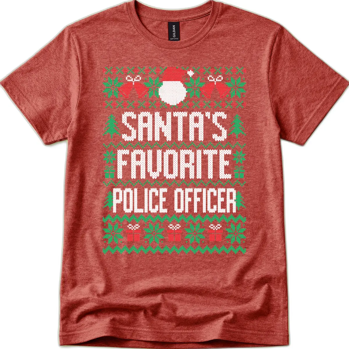 Santa's Favorite Police Officer Ugly Christmas T-Shirt in Heather Cardinal