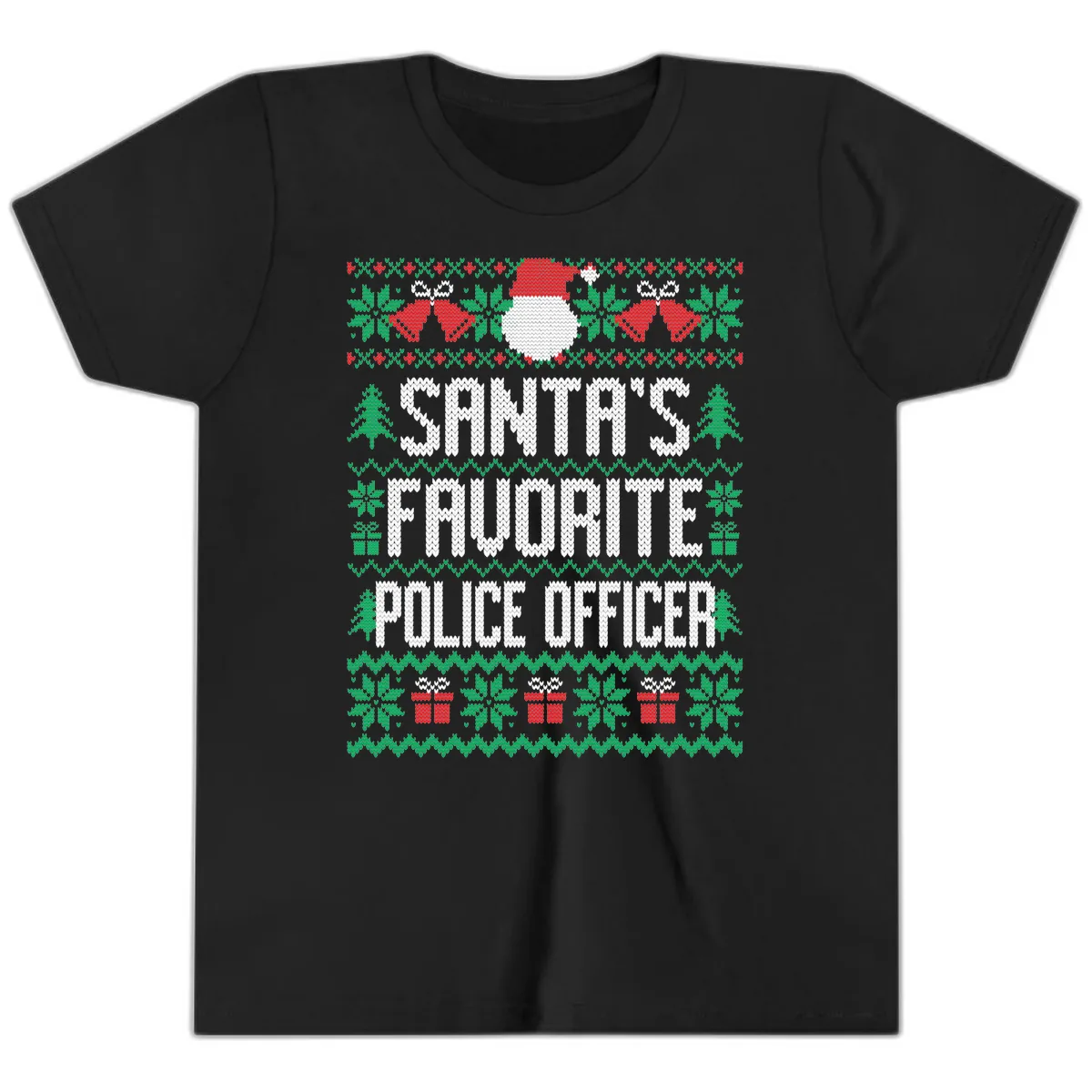 Santa's Favorite Police Officer Ugly Christmas Youth T-Shirt in Black