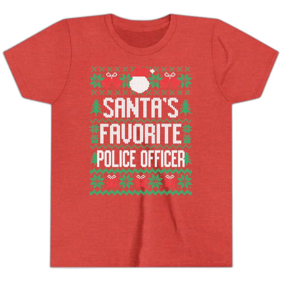 Santa's Favorite Police Officer Ugly Christmas Youth T-Shirt in Heather Red