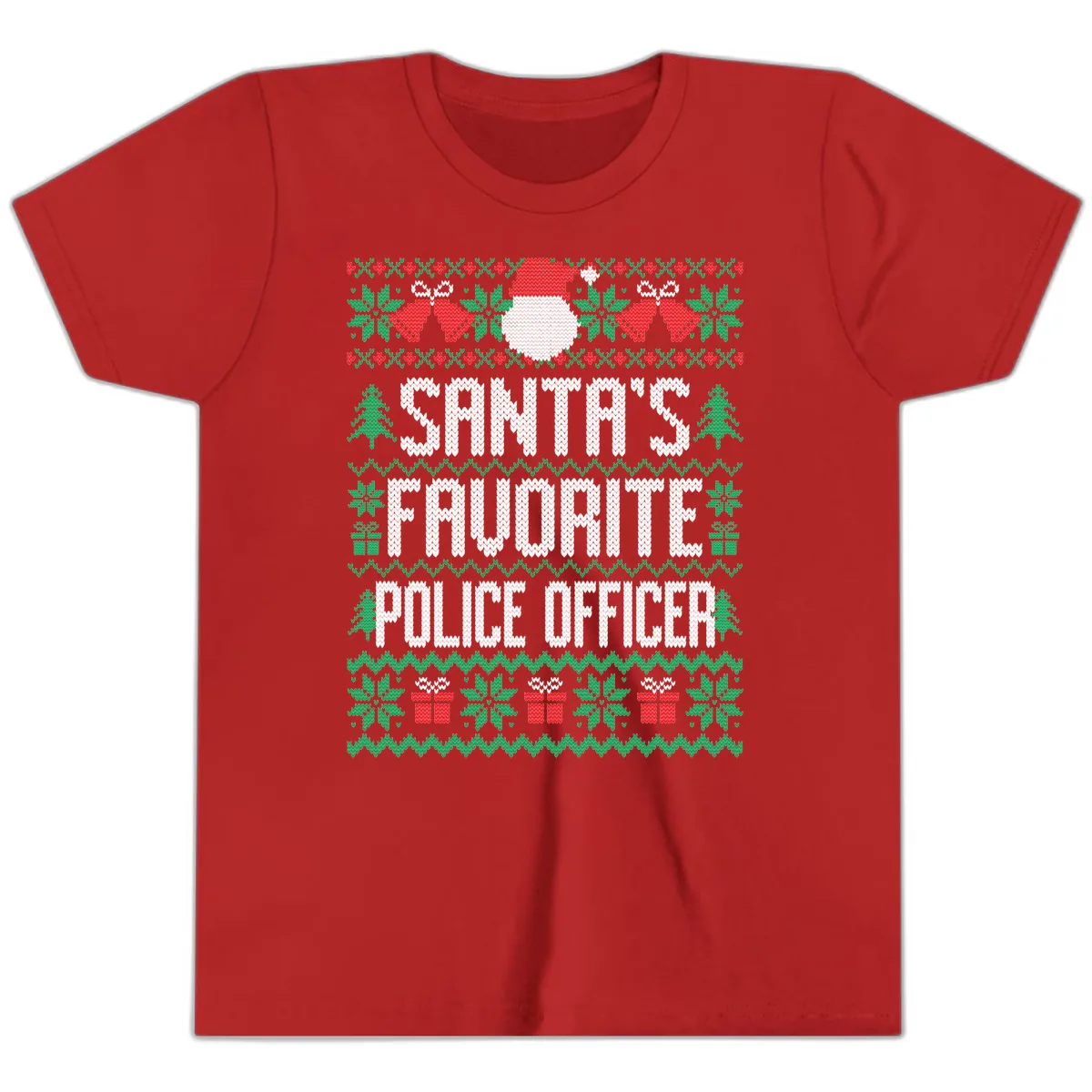 Santa's Favorite Police Officer Ugly Christmas Youth T-Shirt in Red