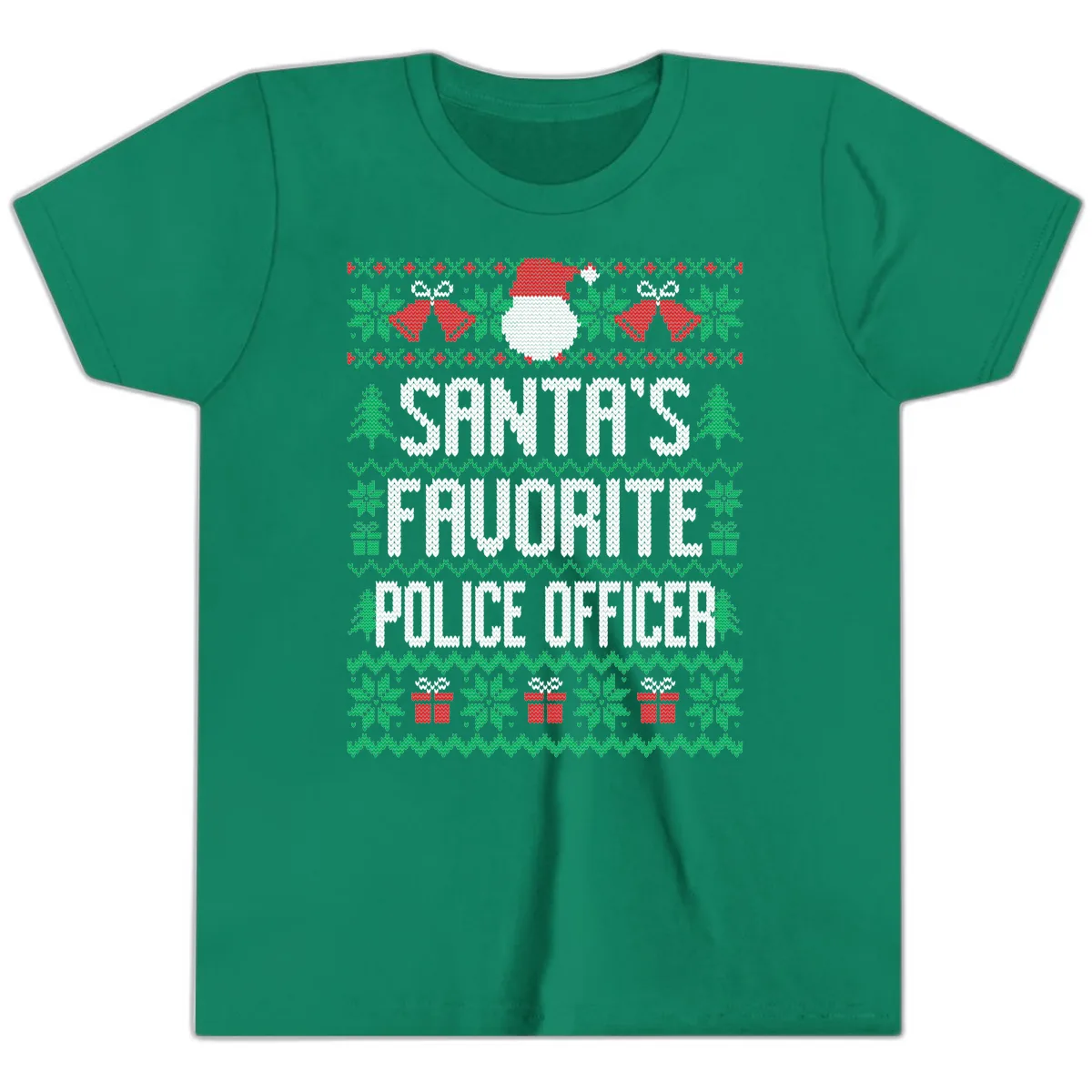 Santa's Favorite Police Officer Ugly Christmas Youth T-Shirt in Kelly